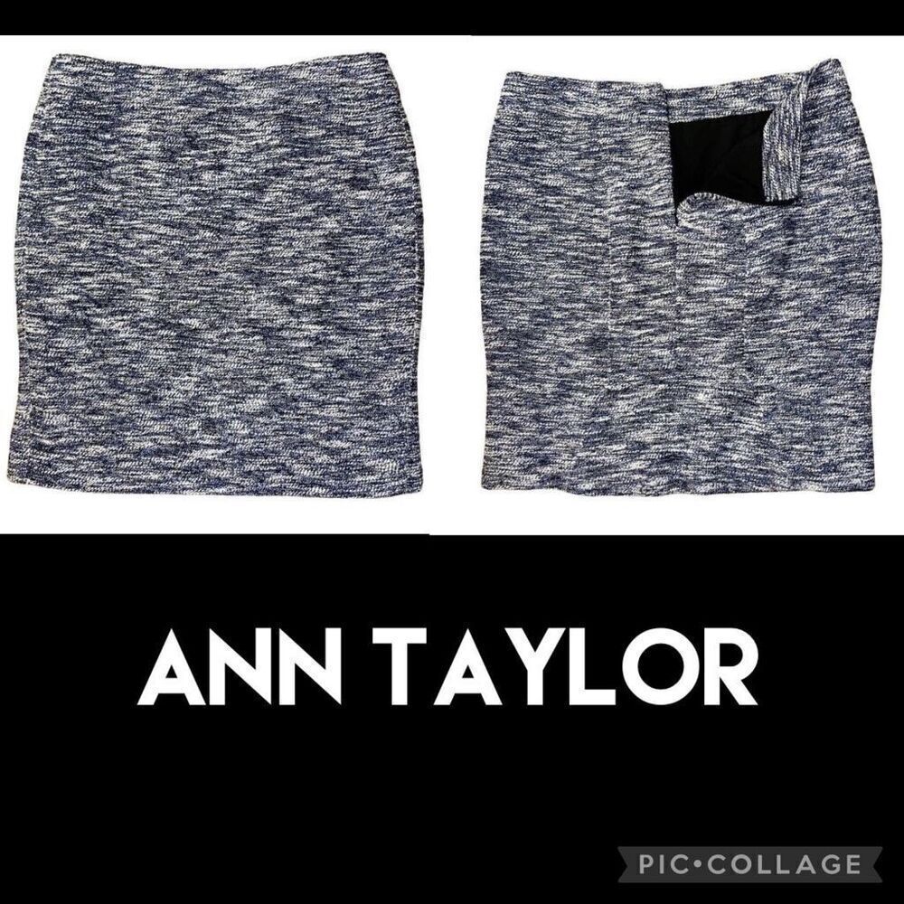 Ann Taylor Womens Mini Skirt Marbled Weave Navy Blue White Lined Petite 12-EUC